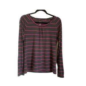 REI Top Medium Brown Pink Stripes Tencel Roll Tab Sleeves